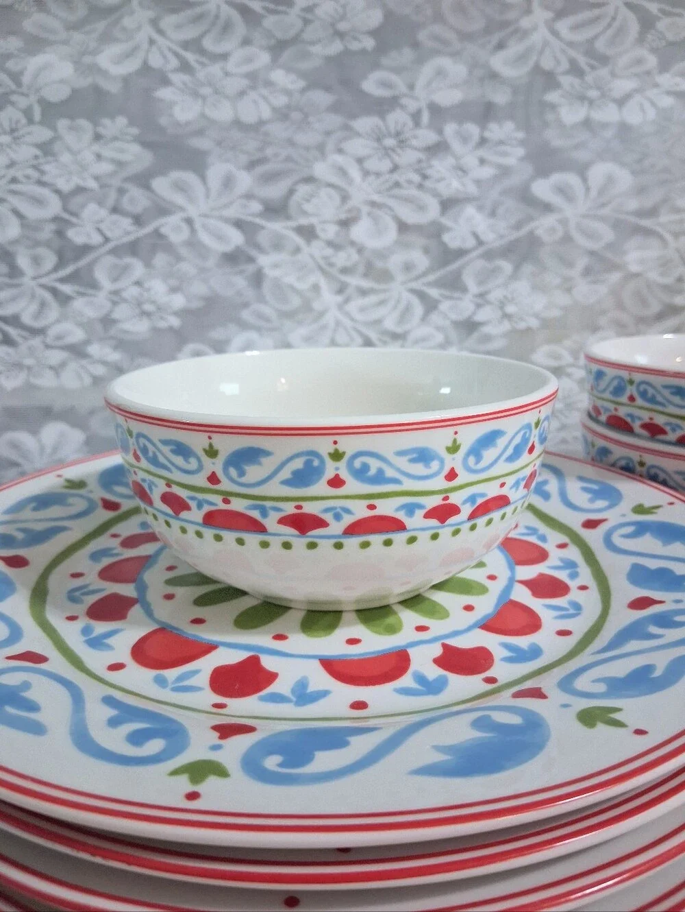 Dover & York Bohemian Dinner Plates And Bowls Set Hand-painted Colorful 4 Each